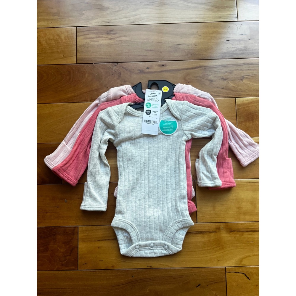 Child of Mine by Carters Preemie Long Sleeve Bodysuit 3 Pack Ribbed Cotton Pink